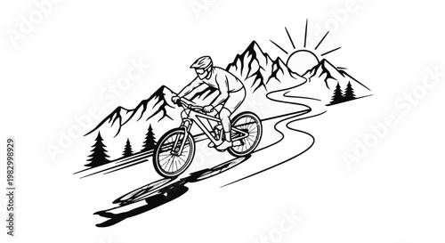 Mountain biker descends a winding trail with sunlit peaks and trees