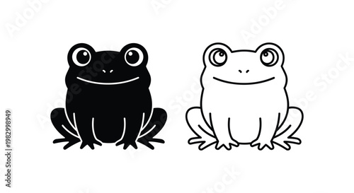 Frog icons, black and white vector frogs, smiling amphibian illustrations, simple cartoon frogs