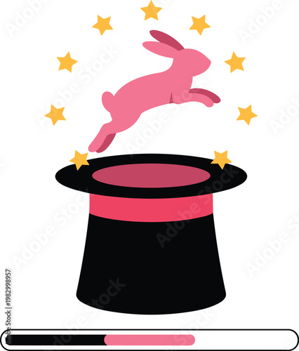 Creative magic hat with jumping rabbit and loading bar vector illustration for progress and software installation concept design