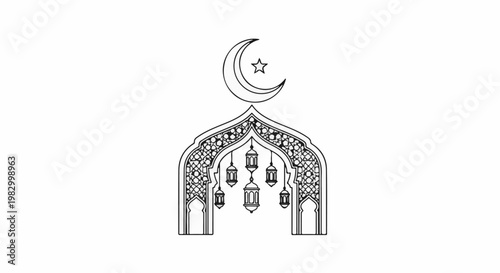 Islamic archway with crescent moon, star and lanterns