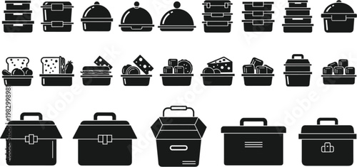Food Storage and Lunch Box Icon Set for Meal Prep, Takeout, and Catering Illustration Designs