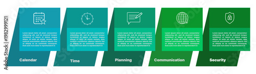 Modern business infographic banner template collection with calendar, time, planning, communication and security icons. Corporate presentation layout design for workflow, schedule management and digit