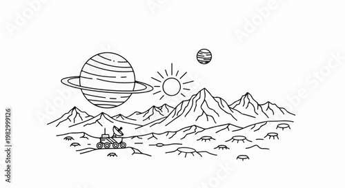 Extraterrestrial landscape with a rover, ringed planet, sun, and mountains