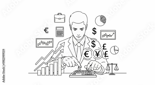 Businessman using calculator with currency symbols and financial charts