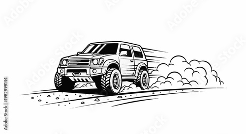Black and white sketch of a powerful off-road vehicle kicking up dust and debris