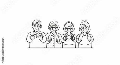 Four elderly people with glasses smiling and giving thumbs up