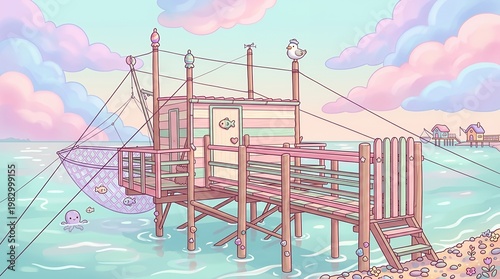Wooden Pier Bridge at SunsetCute Cartoon Suspension Bridge with Pastel Colors with Pink Sky