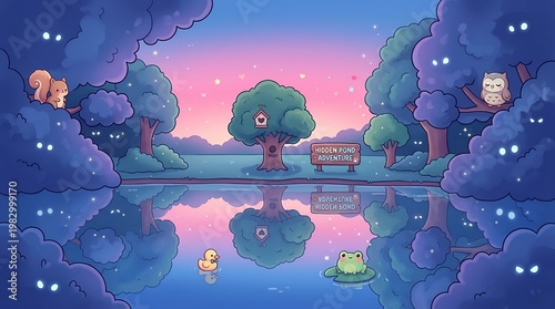 Cute Cartoon Lakeside Scene with Pastel Colors