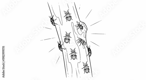 Black and white sketch of numerous beetles crawling on a stylized tree trunk