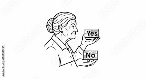 Elderly woman holding "Yes" and "No" blocks, contemplating a choice