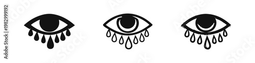 Crying eye with falling tears symbol of sadness icons set