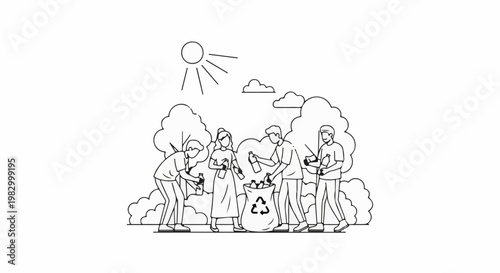 Diverse individuals diligently collect plastic bottles for recycling under a bright sun