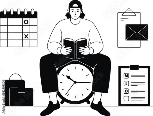 Man sitting on alarm clock reading book with calendar clipboard briefcase and todo list around him