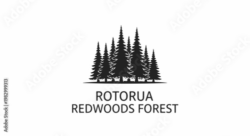 Black silhouette of redwood trees with text beneath