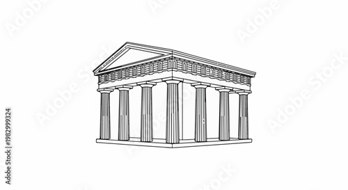 Classical temple with colonnade and triangular pediment, ink drawing