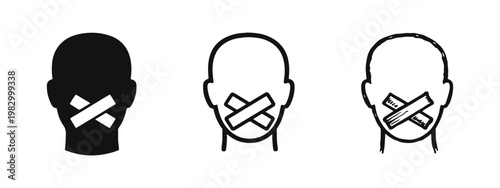 Head with tape on mouth silence and censorship icons set