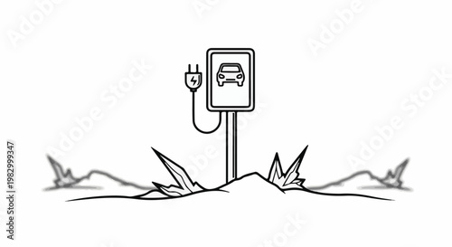Line art charging station symbol with electrical plug in a barren landscape