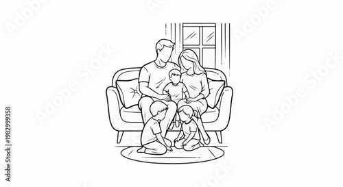Family gathered together on a couch with children playing below