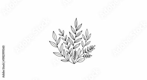 Delicate sketch of various leaves and branches arranged in a floral cluster
