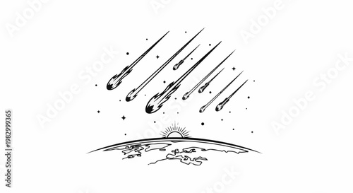 Meteor shower over a planet with a sunrise