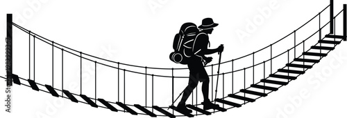 Hiker Crossing Suspension Bridge, Outdoor Adventure, Trekking, Mountain Climbing, Wilderness Exploration