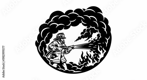 Firefighter bravely battling intense flames amidst billowing smoke