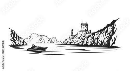 Coastal scene with a fortress and a luxury yacht navigating calm waters