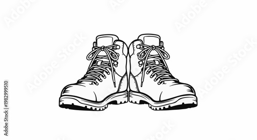 Line drawing of a pair of sturdy, laced hiking boots facing forward