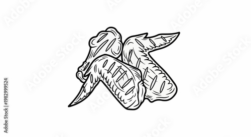 Line art illustration of three grilled chicken wings on a white background