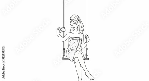 Line art of a smiling woman in a towel on a swing taking a selfie