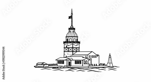 Line art of a historic tower on an island in the water