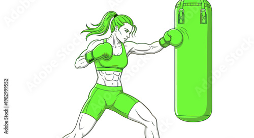 Fit Woman Boxing Punching Bag Silhouette Green Workout Exercise