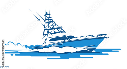 Modern Sport Fishing Boat Cruising on Blue Water, Vector Illustration