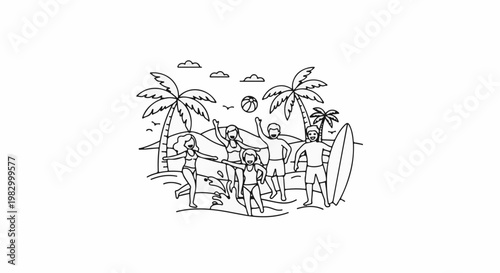 Joyful people enjoying a beach vacation with palm trees, a surfboard, and a ball