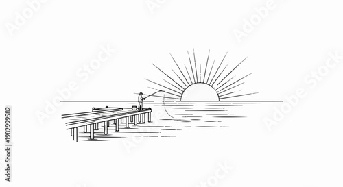 Man fishes from pier at sunrise over serene water, stylized depiction