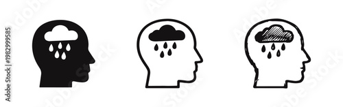 Human profile with rain cloud representing depression icons set