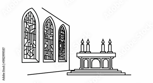 Church interior with stained glass windows and an altar with lit candles