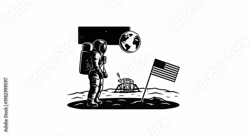 Lone astronaut on lunar surface admires Earth, lunar module, and planted flag
