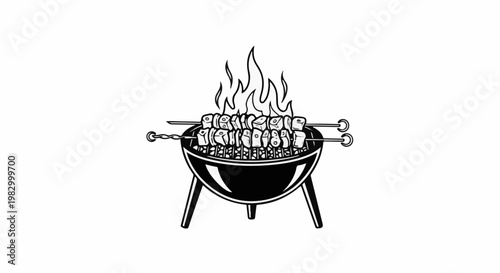 Black and white illustration of skewers of food cooking over flames on a grill