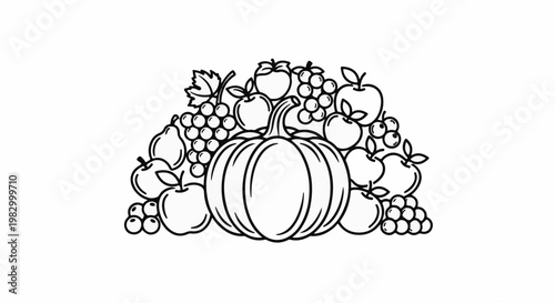 Outline illustration of a harvest bounty featuring a pumpkin, apples, pears, and grapes