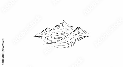 Minimalist ink drawing of peaks and rolling hills under a clear sky
