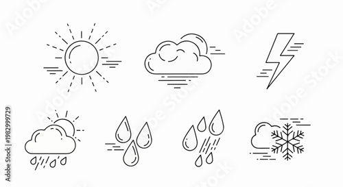 Minimalist line art icons depicting various weather conditions and celestial bodies