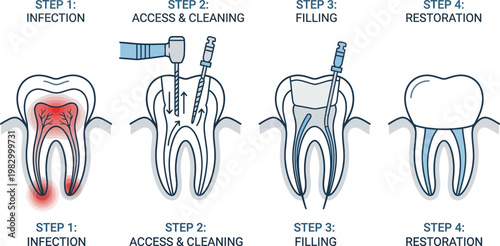 Dental root canal treatment steps infographic medical line art vector illustration