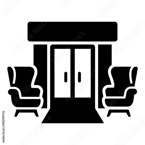 Lobby icon with seating area, symbolizing waiting area and guest reception space. Bold solid vector for hospitality interior and accommodation.