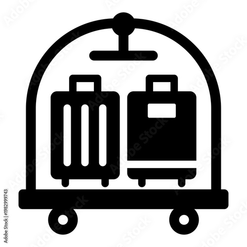 Luggage trolley icon with bags, representing hotel baggage handling and guest service. Bold solid vector for travel, tourism, and hospitality support.