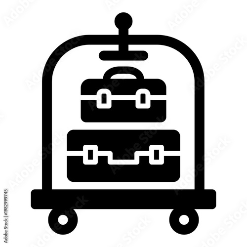 Luggage cart icon with suitcases, symbolizing hotel transport and baggage service. Bold solid vector for travel, hospitality, and guest convenience.