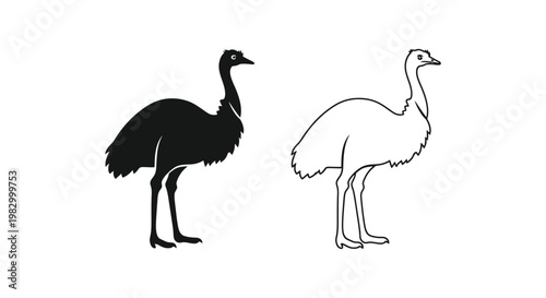 Ostrich icons, black and white illustration, bird silhouettes, animal graphics