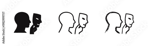 Person Holding a Mask for Identity and Facade Concept Vector Icon Set
