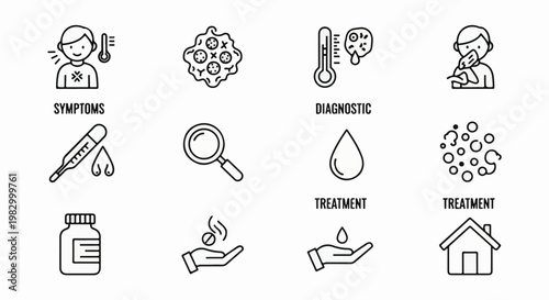 Collection of medical icons representing illness symptoms, diagnosis, and treatment options