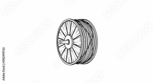 Industrial spool wound tightly with thick cord, radiating spokes